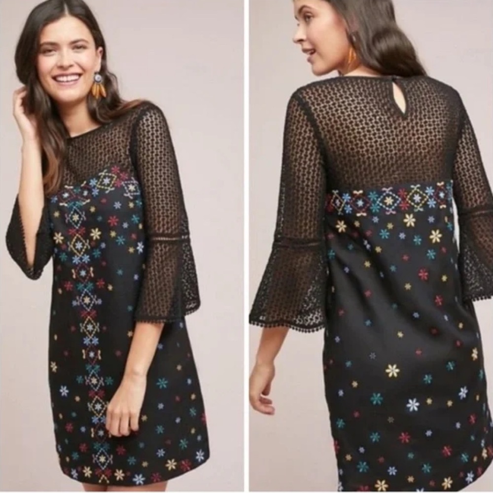 Akemi+Kin Anthropologie Black embroidered floral shift midi dress size 12